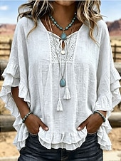  Damenbluse im Boho-Stil mit Rüschen, einfarbig, für Urlaub, halblange Ärmel, V-Ausschnitt, normale Passform, lässig, weiß, gelb, hellblau, khaki, smaragdgrün, Sommer/Herbst