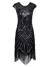 billiga 1920-talets klänningar-Glada 20-talet 1920-talet Knälång Klänningar Flapper-klänning Balklänning Holkärm Den store Gatsby charleston Paljetter Lappverk Rundhals Maskeradkläder Dam Bal Kvällsfest Fest Klänning