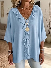  Mulheres Blusa Frufru Tecido à moda Casual Manga 3/4 Decote V Tops regulares Casual Diário Azul Branco Verde Verão Primavera