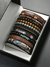 preiswerte Herrenschmuck-Boho-Armbandset für Herren, 11-teiliges Set aus stapelbaren Armbändern aus Holzperlen, Legierung und Leder, lässiger Sommerschmuck für Strandurlaub, Reisen, Festivals, Partys und den Alltag