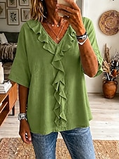  Mulheres Blusa Frufru Tecido à moda Casual Manga 3/4 Decote V Tops regulares Casual Diário Azul Branco Verde Verão Primavera