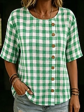  Blusa feminina azul e branca xadrez vichy, gola redonda, botões assimétricos, manga curta, modelagem solta, respirável, estilo casual de verão.