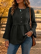  Mulheres camisa Boho Camisa casual Franzido Patchwork Peplum Elegante Manga Longa Decote V Tops longos Casual Azul Preto Vinho Roxo Marron Verão Primavera Outono
