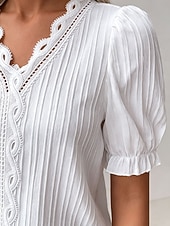 preiswerte Schicke Blusen-Damen T Shirt T-Shirt Spitze Patchwork Einfach Mode Stilvoll Klassisch Kurzarm V Ausschnitt Normale Oberteile Täglich Ausgehen Wochenende Schwarz Weiß Gelb Himmelblau Purpur Sommer Frühling