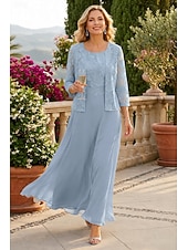 preiswerte Mamas Kleidersets-Zweiteilig A-Linie Bodenlang Kleid für Hochzeitsgäste Brautmutterkleid Dreiviertelarm U-Boot-Ausschnitt Elegant Einfach Minimalistisch Formell Hochzeitsgast Chiffon mit Spitze