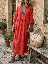 preiswerte Kleider-Damen Maxikleid Leinenkleider A Linie Kleid Lässig Urlaub Lässiger Schnitt Einfarbig Dreiviertelarm V Ausschnitt Khaki Dunkelblau Sommer Herbst