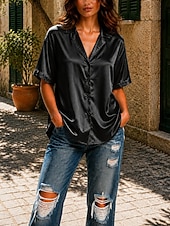  Women's Satin Top Satin Blouse Solid Color Plain Daily Work Short Sleeve Shirt Collar Long Tops Casual White Black Champagne Dark Green Summer Fall