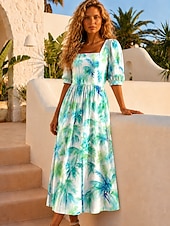  Per donna Abito Midi Abito a trapezio Vacanza Casual Spiaggia Ferie Vestibilità regolare Floreale Grafico Mezza Manica Collo quadrato Rosa Verde Estate Primavera