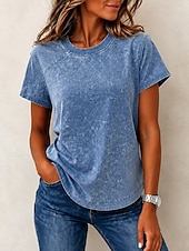  Mulheres Blusa Textura Patchwork Vintage Moda Punk Ocidental Manga Curta Gola Redonda Tops regulares Casual Azul Verão Primavera