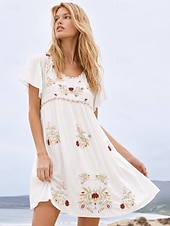 baratos Vestido com Bordado Artesanal-Vestido curto branco bordado feminino, vestido de verão branco, vestido evasê, festa casual boho, praia, festa ao ar livre, floral, manga curta, gola redonda, verão, primavera, outono, inverno
