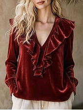  Vintage fluwelen damesblouse - elegante top met ruches, V-hals en lange mouwen.