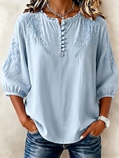  Per donna Camicia 100% cotone Camicia Boho Ricamato Elegante Bohemien Vacanza Top Regolari Casuale Quotidiano Ferie Blu Estate Primavera