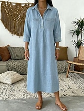 halpa Valkoinen mekko-Naisten Midimekko Huppari mekko Farkkumekko Vintage Päivittäin Loose Fit Tavallinen 3/4 hiha Paitapuserokaula-aukko Sininen Vaalean sininen Syksy
