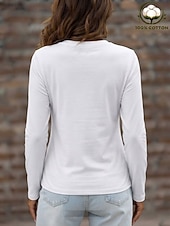  Mulheres 100% Algodão Camiseta Camisetas Côr Sólida Clássico Casual Manga Longa Gola Redonda Tops regulares Casual Diário Azul Branco Preto Rosa Cinza Claro Primavera Primavera / Outono / Inverno