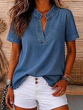  Women's Shirt Demin-look Washed Cotton Boho Shirt Lace Patchwork Denim Solid Color Plain Vintage Western Casual Short Sleeve Square Neck Regular Tops Casual Daily Holiday Blue Light Blue