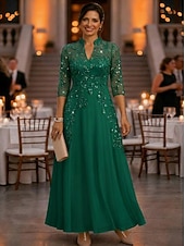 cheap Ankle Length-A-Line Ankle Length Mother of the Bride Dress 3/4 Length Sleeve V Neck Elegant Vintage Luxurious Formal Wedding Guest Wedding Party Chiffon Tulle with Beading Sequin Flower