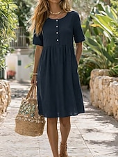  Pentru femei Rochii Lungime Genunchi Rochie A line Elegant Zilnic Potrivire Largă Culoare pură Manșon Jumate Stil Nautic Kaki Roz Îmbujorat Trifoi Albastru Închis Vară Primăvară