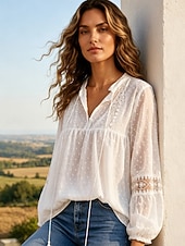  Mulheres Blusa Textura Renda Tecido à moda Casual Manga Longa Decote V Tops regulares Casual Diário Branco Verão Primavera