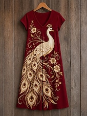  Mulheres Vestido midi Vestido de turno Vestido T shirt Vestido de verão Elegante Boêmia Férias Praia Festa Feriado Normal Floral Estrela Tropical Manga Curta Decote V Preto Rosa Vermelho Laranja