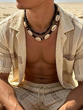 abordables Bijoux pour hommes-Collier bohème de plage pour homme, à plusieurs rangs, perles de bois &amp;Collier double rang de coquillages, idéal pour les vacances d'été, les séjours en station balnéaire, les festivals, les voyages