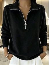  Camicia da donna in velluto a coste con cerniera - cerniera a un quarto, collo alto, maniche lunghe, casual, pullover autunnale