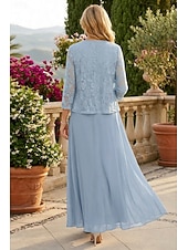 preiswerte Mamas Kleidersets-Zweiteilig A-Linie Bodenlang Kleid für Hochzeitsgäste Brautmutterkleid Dreiviertelarm U-Boot-Ausschnitt Elegant Einfach Minimalistisch Formell Hochzeitsgast Chiffon mit Spitze