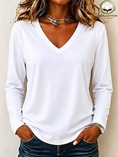  Dames 100% Katoen T-shirt Modern Casual Ademend Lange mouw V-hals Normale tops Casual Dagelijks Uitgaan Wit Zwart Int Blauw Licht Paars Rode roos Lente
