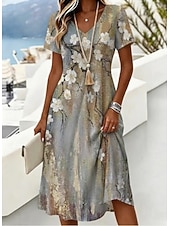  Women's Midi Dress T Shirt Dress Tee Dress A Line Dress Vacation Casual Boho Beach Regular Fit Floral Graphic Short Sleeve V Neck Blue Pink Purple Gray Summer Spring