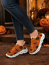  oransje Halloween slip-on strikkede sneakers til dame, lette tursko med gresskartrykk og pustende, polstret såle for kostymefester og turer på landet. &hverdagsbruk