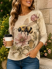 お買い得  動物のTシャツ-女性用 Tシャツ プリント フラワー グラフィック 動物 ファッション スタイリッシュ クラシック 長袖 クルーネック レギュラートップス カジュアル 日常 週末 イエロー ピンク アプリコット 夏 春 秋