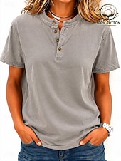 cheap Plain tee-SoftFade™ Women's 100% Cotton Henley Shirt Vintage Fashion Stylish Short Sleeve Regular Tops Casual Beach Blue Khaki Black Purple Orange Spring