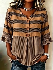 cheap Stripe&amp;Geometric Blouses-Women's Shirt Patchwork Buttons Print Graphic Striped Vintage Stylish 3/4 Length Sleeve V Neck Long Tops Casual Daily Holiday Purple Brown Grey Summer Spring