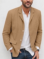 abordables Blazers Clásicos para Hombres-Hombre Chaqueta ligera Chaqueta americana Chaqueta de lino Formal Oficina Otoño Algodón y lino Color sólido Confortable Botonadura Simple Chaqueta de sport Verde Claro Azul Marino Marrón Color Caquí