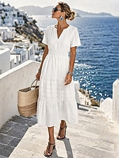 Per donna Abito Midi 100% cotone Abito a trapezio Abito con balze Elegante Quotidiano Vacanza Vestibilità comoda Colore Puro Manica Corta Scollo a V Bianco Nero Rosa Blu scuro Estate Primavera Autunno