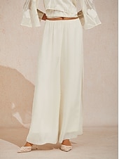  Women's Wide Leg Straight-Leg Trousers Chiffon Elegant Ankle-Length Mid Waist Elastic Waistband Stretchy Casual Daily Holiday Apricot Summer Spring Fall