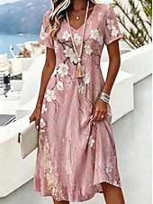  Women's Midi Dress T Shirt Dress Tee Dress A Line Dress Vacation Casual Boho Beach Regular Fit Floral Graphic Short Sleeve V Neck Blue Pink Purple Gray Summer Spring