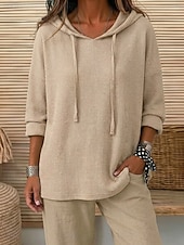  Women's Casual Vintage Waffle Hoodies Drawstring Texture Hooded Daily Khaki Pink Fall Winter