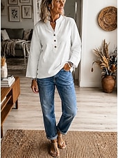  Mulheres Camisa Social Côr Sólida Férias Diário Casual 3/4 de Manga Colarinho Chinês Tops longos Casual Branco Rosa Verão Primavera