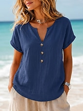  Per donna Camicia Estiva Bottoni Vacanza Manica Corta Manica a pipistrello Collo a V Casuale Bianco Rosso Arancione Blu scuro Estate Primavera