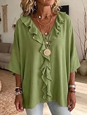  Mulheres Blusa Frufru Tecido à moda Casual Manga 3/4 Decote V Tops regulares Casual Diário Azul Branco Verde Verão Primavera