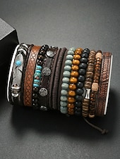 preiswerte Herrenschmuck-Boho-Armbandset für Herren, 11-teiliges Set aus stapelbaren Armbändern aus Holzperlen, Legierung und Leder, lässiger Sommerschmuck für Strandurlaub, Reisen, Festivals, Partys und den Alltag