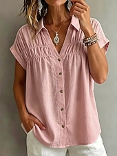  Damen Bluse Gerafft Einfach Stilvoll Lässig Kurzarm V Ausschnitt Normale Oberteile Lässig Täglich Weiß Khaki Schwarz Rosa Sommer Frühling