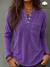  Women's 100% Cotton Henley Shirt Solid Color Vintage Fashion Stylish Long Sleeve Crew Neck Long Tops Casual Beach Blue Purple Orange Spring Fall Winter
