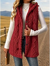 preiswerte Weste-Damen Tunika Knöpfe Einfach Bohemien Vintage Lässig Ärmellos V Ausschnitt Mit Kapuze Lange Oberteile Lässig Ausgehen Blau Khaki Schwarz Rosa Rote Frühling Herbst Winter