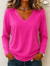  Dames 100% Katoen T-shirt Modern Casual Ademend Lange mouw V-hals Normale tops Casual Dagelijks Uitgaan Wit Zwart Int Blauw Licht Paars Rode roos Lente