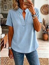  Women's Shirt Demin-look Washed Cotton Boho Shirt Lace Patchwork Denim Solid Color Plain Vintage Western Casual Short Sleeve Square Neck Regular Tops Casual Daily Holiday Blue Light Blue