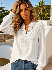  Per donna Blusa Tessuto Semplice Elegante Casual Manica Lunga Scollo a V Top Regolari Casuale Quotidiano Blu Bianco Rosso Estate Primavera