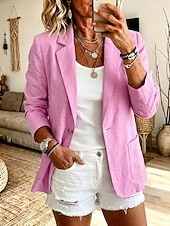  Dame Linblanding Blazer Lomme Knapper Helfarge عادي Årgang Langermet Aftæpning Lange topper Avslappet Daglig Kakifarget Rosa Sommer Vår Vår, Høst, Vinter, Sommer