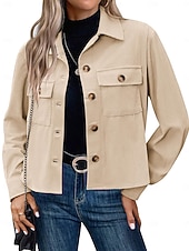  Women's Shirt Jacket Corduroy Jacket Casual Jacket Lightweight Pocket Buttons Fashion Casual Short Lapel Regular Fit Long Sleeve Outerwear dark brown claret turmeric Spring Fall