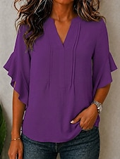  Mulheres Blusa Textura Frufru Patchwork Côr Sólida Elegante 3/4 de Manga Decote V Tops longos Casual Diário Branco Preto Vinho Azul Céu Roxo Verão Primavera